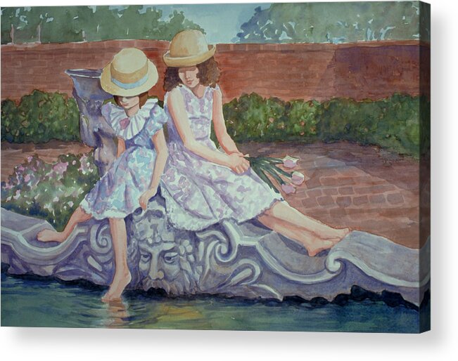 Sisters Acrylic Print featuring the painting Sisters at the Fountain by Audrey Peaty