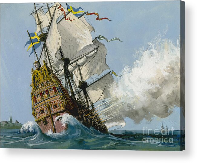 Boat; Ship; Sea; Sail; Smoke; Wave; Rigging; Galleon; Capsize; Sink; 17th Century Acrylic Print featuring the painting The Swedish Warship Vasa by Ralph Bruce