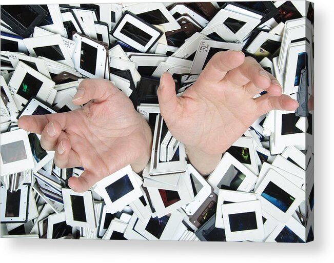 Slides Acrylic Print featuring the photograph Two hands and a pile of slides by Matthias Hauser