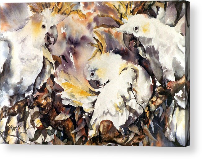 Sulphur Crest Cockatoos Acrylic Print featuring the painting Two's Company by Rae Andrews