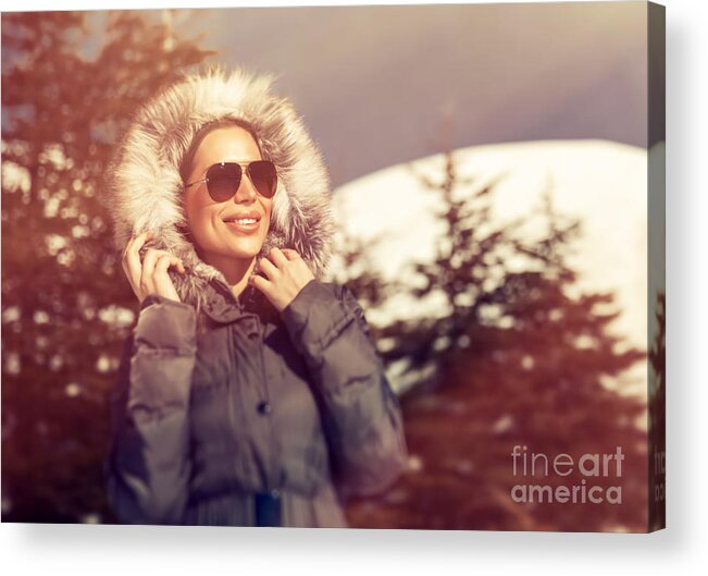 Active Acrylic Print featuring the photograph Beautiful woman in winter park #1 by Anna Om