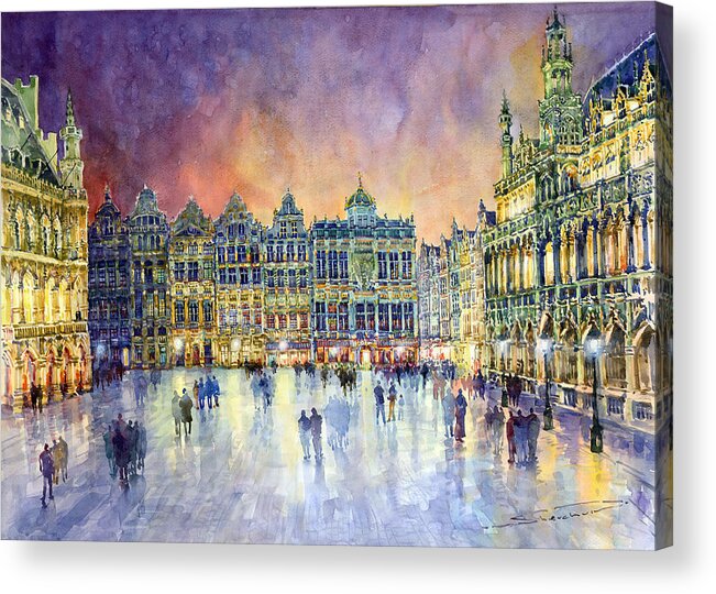 Watercolor Acrylic Print featuring the painting Belgium Brussel Grand Place Grote Markt by Yuriy Shevchuk