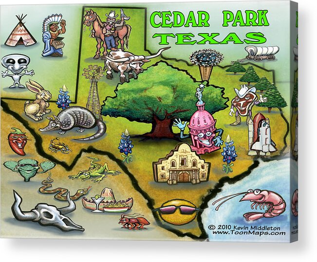 Cedar Park Acrylic Print featuring the digital art Cedar Park TEXAS Cartoon Map #1 by Kevin Middleton