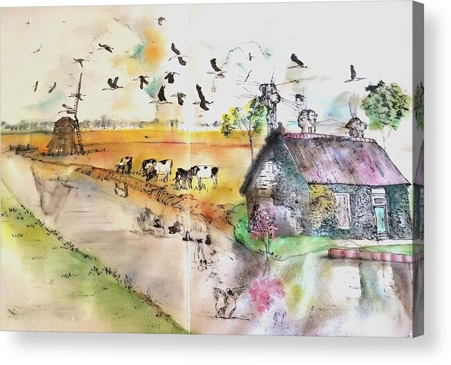 The Netherlands. Landscape. Architecture. Canal Acrylic Print featuring the painting Land of clogs and windmill album #1 by Debbi Saccomanno Chan