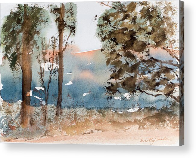 Australia Acrylic Print featuring the painting Mt Field Gum Tree Silhouettes against Salmon coloured Mountains #2 by Dorothy Darden