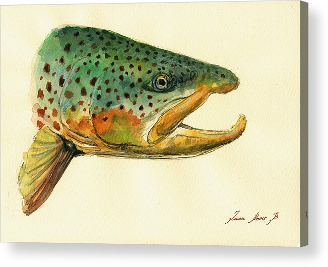 Trout Art Wall Acrylic Print featuring the painting Trout watercolor painting by Juan Bosco