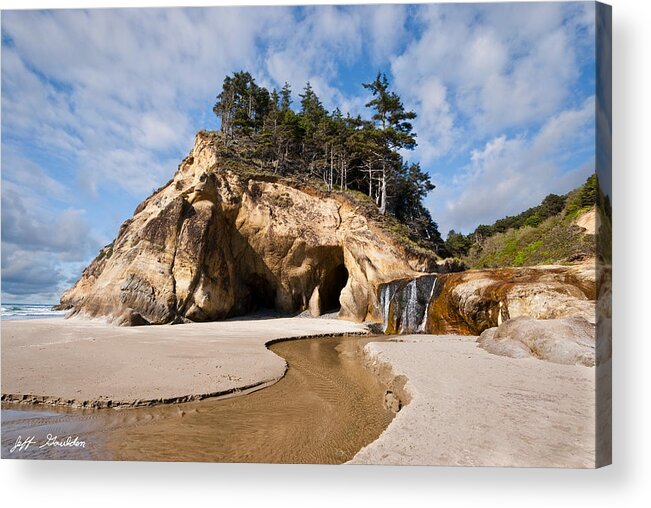 Beach Acrylic Print featuring the photograph Waterfall Flowing into the Pacific Ocean by Jeff Goulden