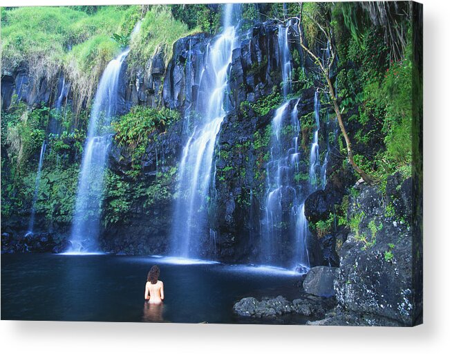 Base Acrylic Print featuring the photograph Woman At Waterfall #1 by Dave Fleetham - Printscapes