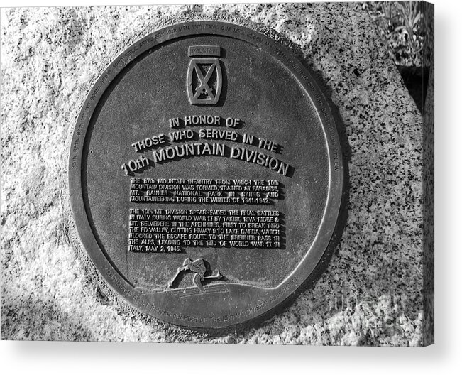 10th Mountain Division Plaque Mount Rainier National Park Washington Acrylic Print featuring the photograph 10th Mountain Division by David Lee Thompson