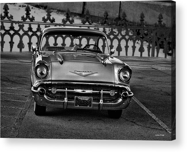 1957 Acrylic Print featuring the photograph 1957 Chevy at the Gate BW by Lesa Fine