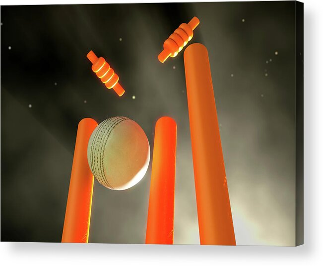 Cricket Acrylic Print featuring the digital art Cricket Ball Hitting Wickets #2 by Allan Swart