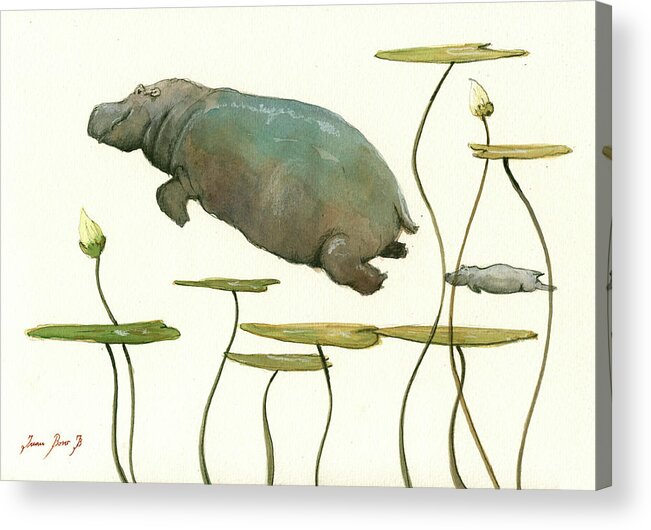 Hippo Acrylic Print featuring the painting Hippo mom with baby #2 by Juan Bosco