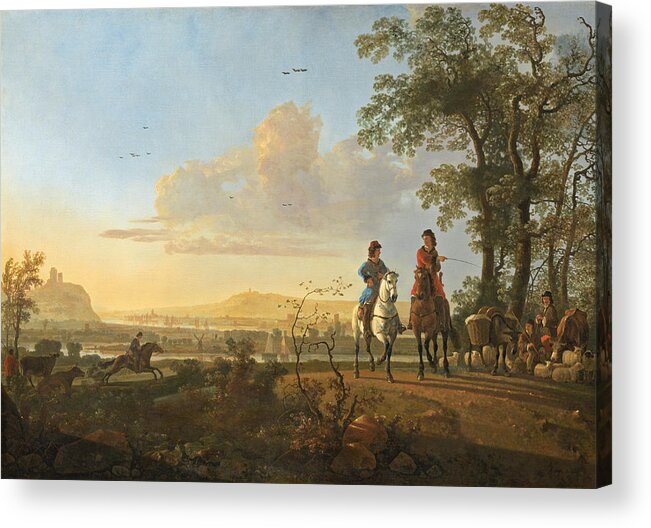 Aelbert Cuyp Acrylic Print featuring the painting Horsemen and Herdsmen with Cattle #2 by Aelbert Cuyp