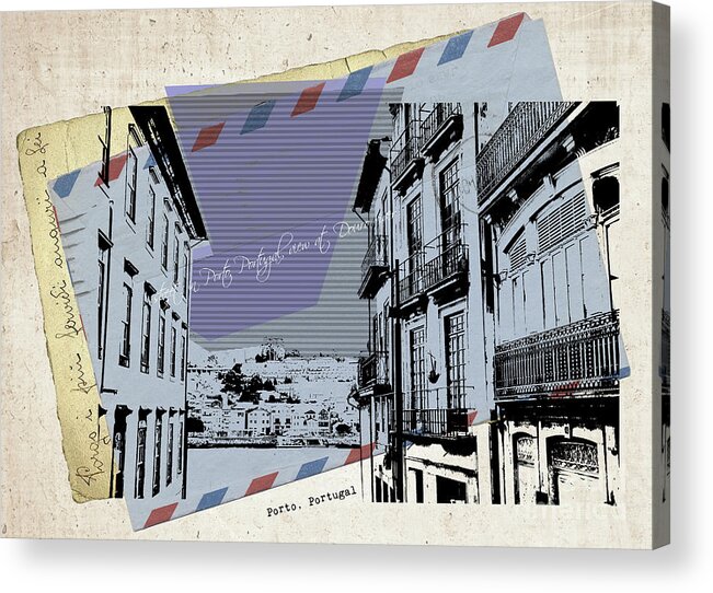 Porto Acrylic Print featuring the digital art stylish retro postcard of Porto #4 by Ariadna De Raadt