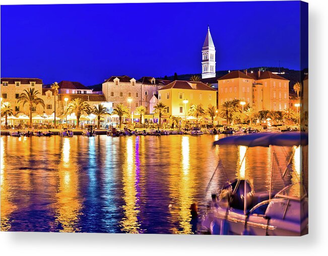 Blue Acrylic Print featuring the photograph Supetar waterfront evening panoramic view from sea #2 by Brch Photography