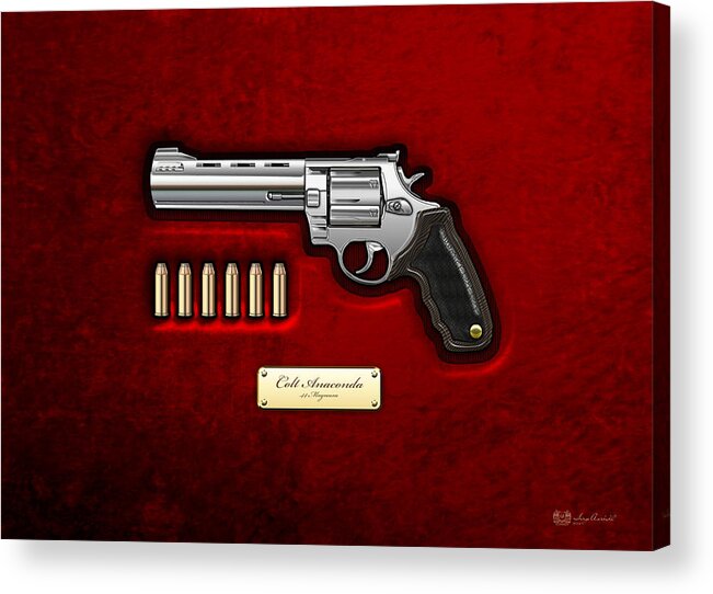 The Armory By Serge Averbukh Acrylic Print featuring the photograph .44 Magnum Colt Anaconda on Red Velvet by Serge Averbukh