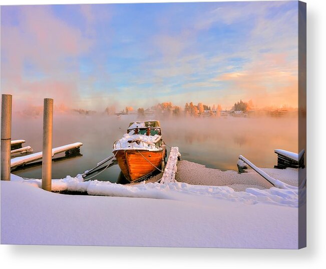 Landscape Acrylic Print featuring the photograph Boat on frozen lake by Rose-Maries Pictures