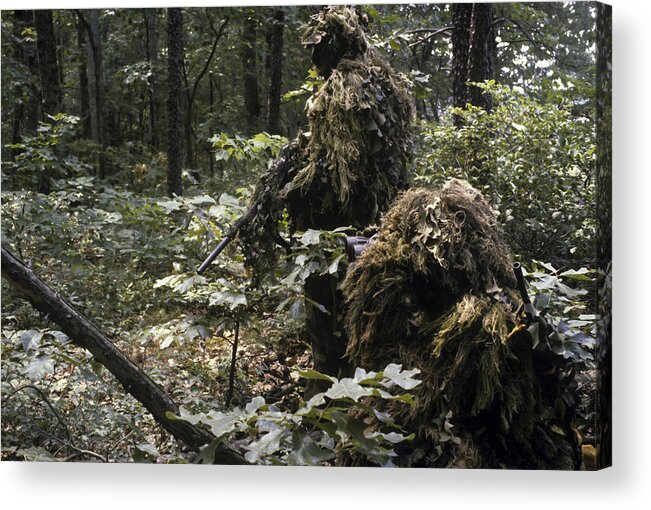 Us Marine Corps Acrylic Print featuring the photograph A Marine Sniper Team Wearing Camouflage by Stocktrek Images