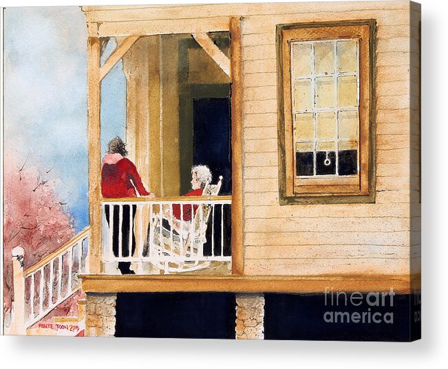An Elderly Lady Sits In Her Rocking Chair On Her Front Porch While Passing Time With A Visitor. Acrylic Print featuring the painting A Visit With Grandma by Monte Toon