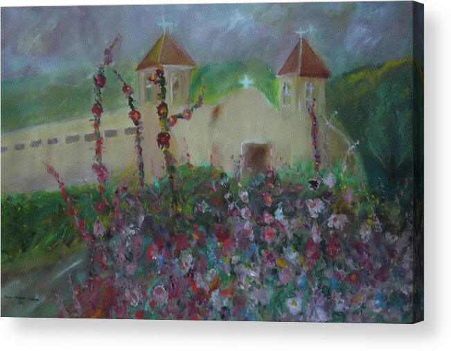 Spanish Mission Acrylic Print featuring the painting Adobe Spring Mission by Susan Esbensen