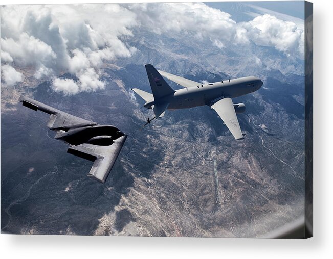 B-2 Stealth Bomber Acrylic Print featuring the mixed media Aerial Refueling the Stealth Bomber by Erik Simonsen