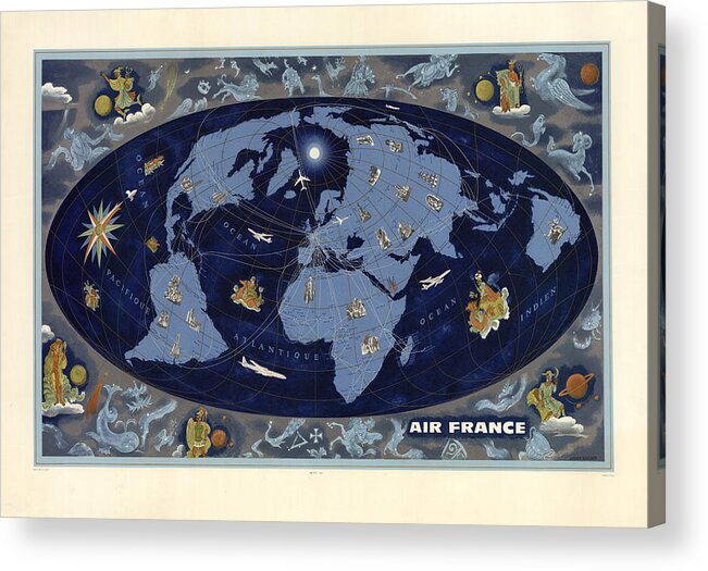 Air France Acrylic Print featuring the mixed media Air France - Vintage Illustrated World Map - Lucien Boucher - Air Routes by Studio Grafiikka