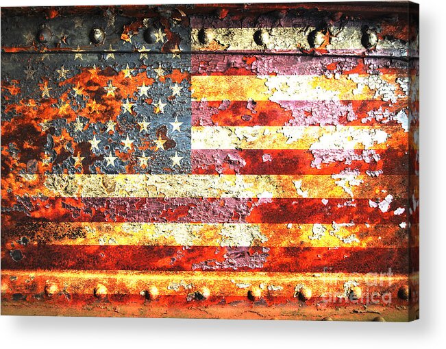 American Acrylic Print featuring the digital art American Flag On Rusted Riveted Metal Door by M L C