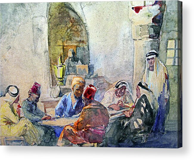 Anna Rychter May Acrylic Print featuring the painting Anna May Coffee Shop in Jerusalem by Munir Alawi