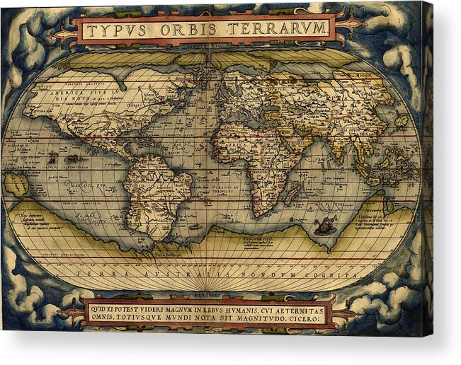 Abraham Ortelius Acrylic Print featuring the painting Antique Map Of The World By Abraham Ortelius - 1564 by Marianna Mills