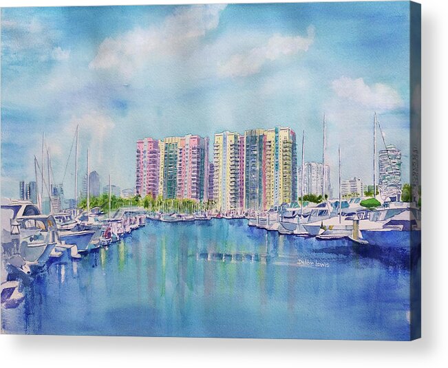 Aqua Towers Acrylic Print featuring the painting Aqua Towers and the Marina in Long Beach by Debbie Lewis