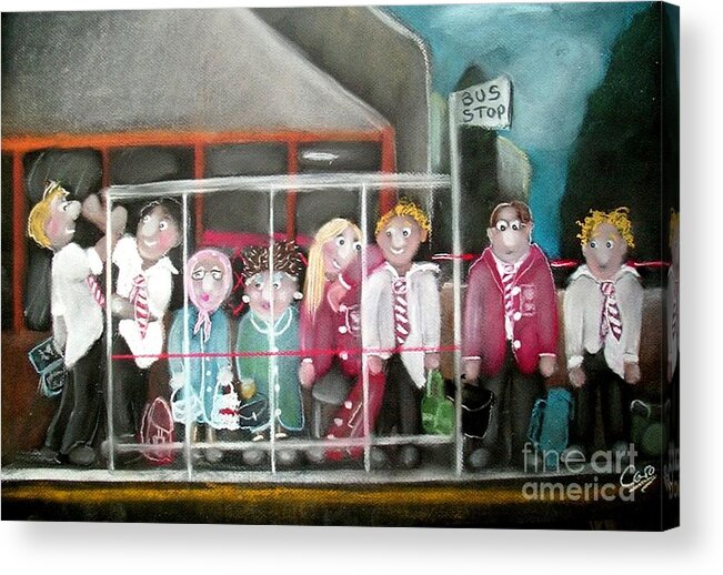 Bus Stop Acrylic Print featuring the pastel At the bus stop by Caroline Peacock