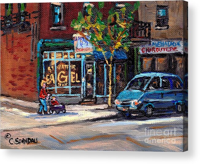 St. Viateur Bagel And Mehadrins Acrylic Print featuring the painting Autumn Street Scenes Canadian Paintings St Viateur Bagel Best Authentic Original Montreal Art by Carole Spandau