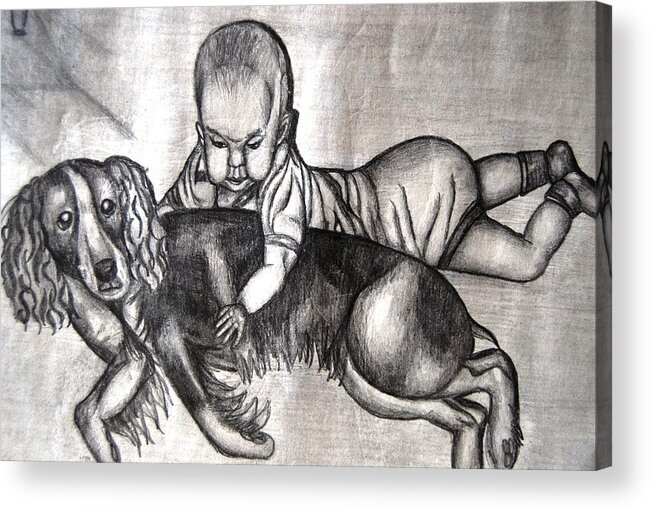 Baby Acrylic Print featuring the mixed media Baby and Dog by Angela Murray