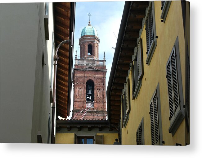Caravaggio Acrylic Print featuring the photograph Bell Tower Through the Buildings by Fabio Caironi