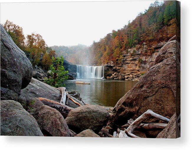 Waterfall Acrylic Print featuring the photograph Between a Rock and a Hard Place by Rebecca Higgins