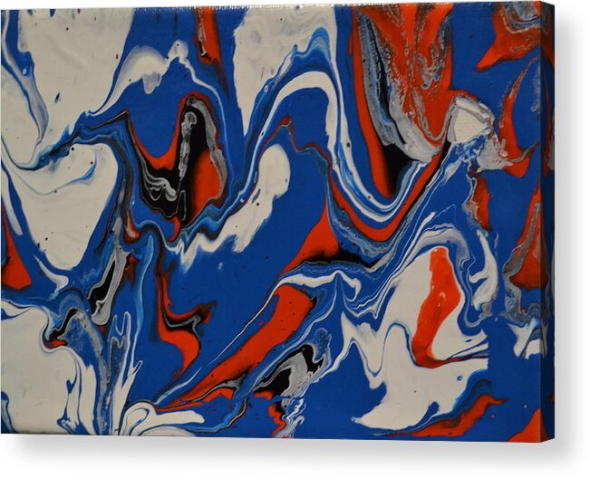 A Abstract Painting Of Large Blue Waves With White Tips. The Waves Are Picking Up Red And Black Sand From The Beach. Some Of The Blue Waves Are Curling Over. Acrylic Print featuring the painting Big Blue Waves by Martin Schmidt