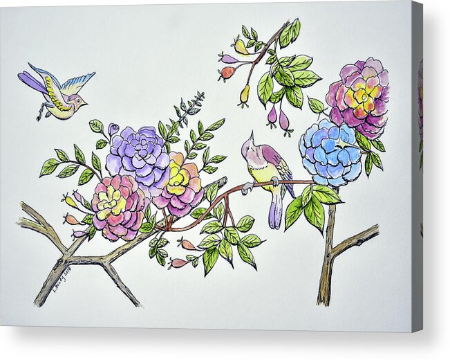 Linda Brody Acrylic Print featuring the painting Birds and Roses I by Linda Brody