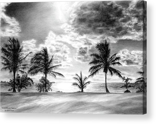 Sunset Acrylic Print featuring the drawing Black and White Caribbean Sunset by Kelli Swan