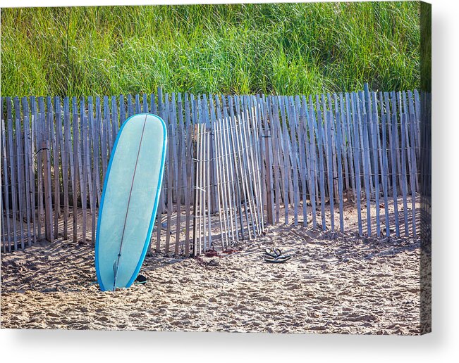 Montauk Acrylic Print featuring the photograph Blue Surfboard at Montauk by Art Block Collections