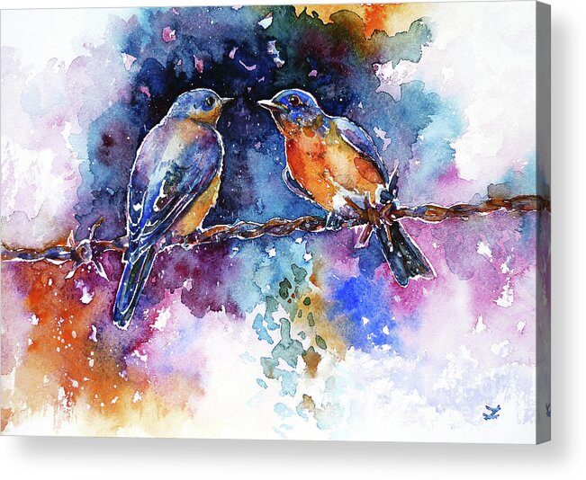Bluebird Acrylic Print featuring the painting Bluebirds by Zaira Dzhaubaeva