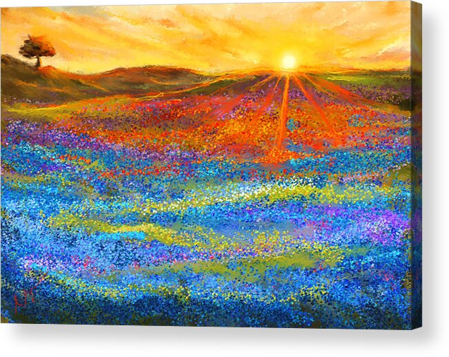 Bluebonnet Acrylic Print featuring the painting Bluebonnet Horizon - Bluebonnet Field Sunset by Lourry Legarde