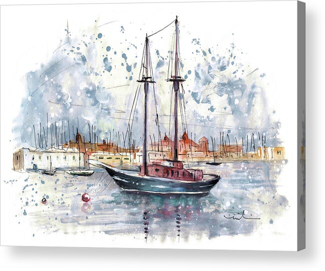 Travel Acrylic Print featuring the painting Boat In Siema In Front Of Valletta by Miki De Goodaboom