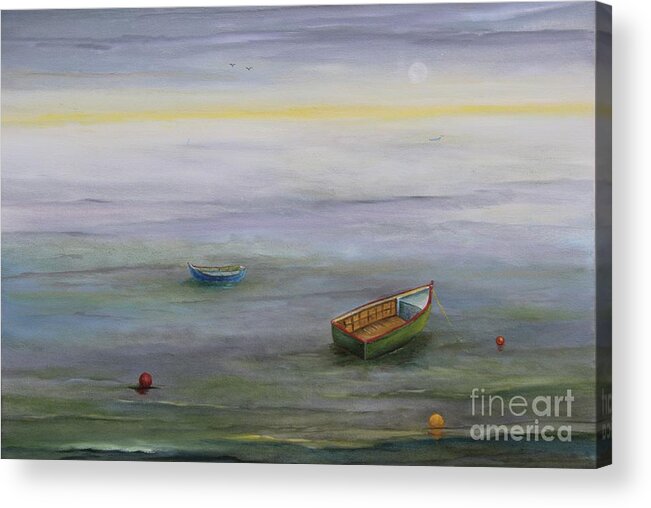 Impressionism Acrylic Print featuring the painting Boats in the Silver Lake by Alicia Maury