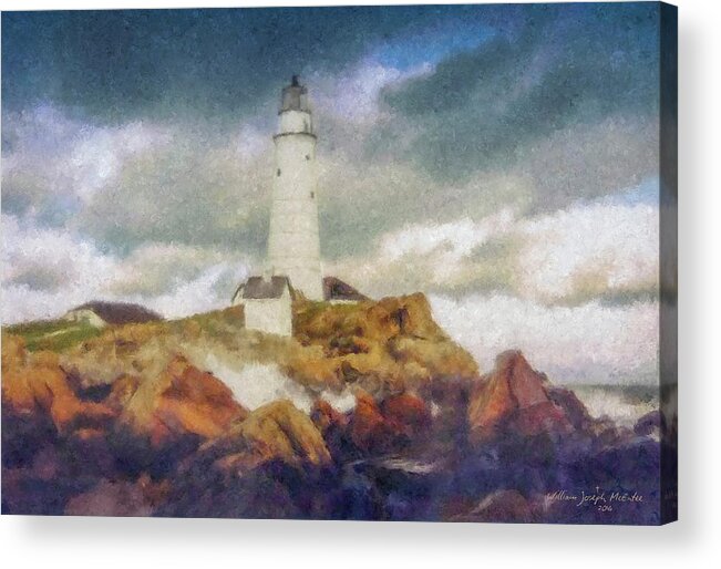 Boston Light Acrylic Print featuring the painting Boston Light on a Stormy Day by Bill McEntee
