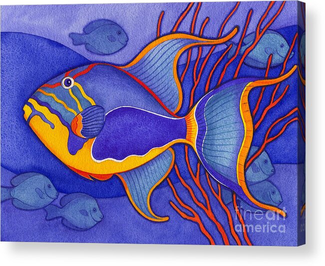 Sea Acrylic Print featuring the painting Bright Blue Triggerfish by Laura Nikiel