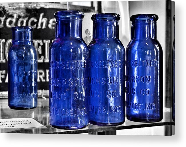 Bromo Seltzer Vintage Glass Bottles Acrylic Print featuring the photograph Bromo Seltzer Vintage Glass Bottles Collection - Backwards Z by Marianna Mills