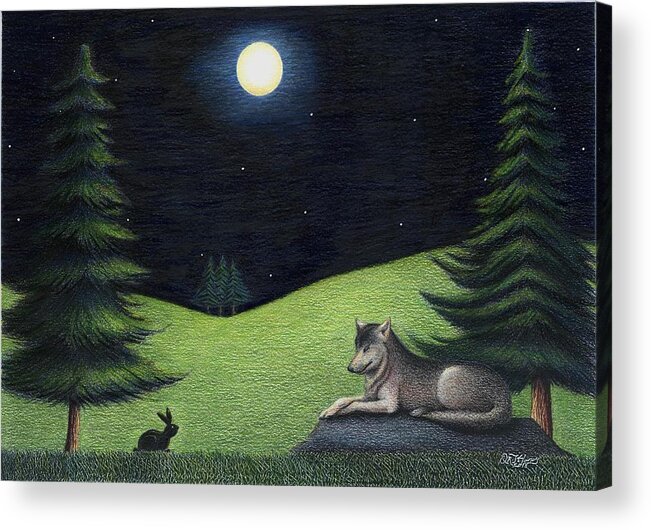 Bunny Acrylic Print featuring the drawing Bunny Visits Wolf by Danielle R T Haney