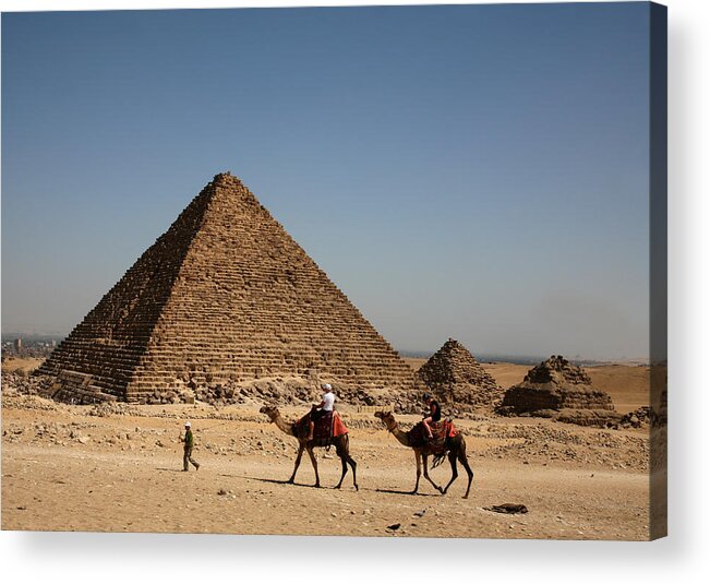 Camels Acrylic Print featuring the photograph Camel Ride at the Pyramids by Donna Corless