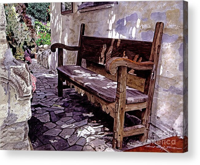 Watercolor Acrylic Print featuring the painting Carmel Mission Bench by David Lloyd Glover