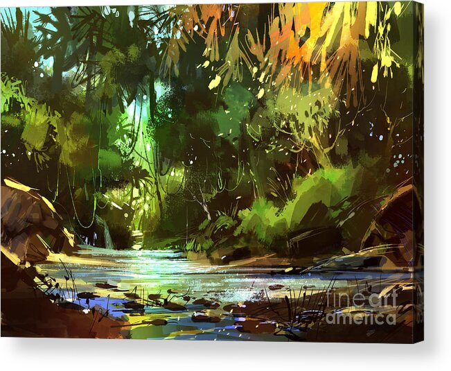 Painting Acrylic Print featuring the painting Cascades In Forest by Tithi Luadthong